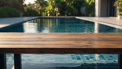Fototapeta premium Empty wooden table with beautiful swimming pool background, photorealistic 
