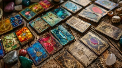 Obraz na płótnie Canvas Tarot Cards and Crystals on Wooden Table for Mystical Reading.