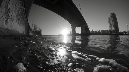Dramatic black and white fisheye photo of an urban bridge at dusk - obrazy, fototapety, plakaty