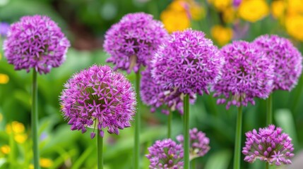 Fototapeta premium Allium s vibrant and lovely lilac blooms enhance a summer park or garden