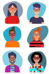 Retrato de Grupo de personas diferentes razas en vertical. Vector de personas diferentes con gafas y colores llamativos. Set iconos de personas