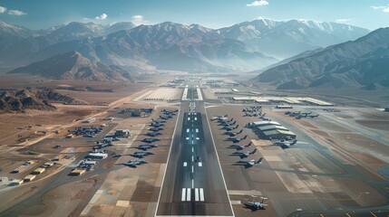 A huge air force base with a variety of fighter jets, military vehicles, military camps, surrounded by mountains. Aerial high view. Generative AI.
