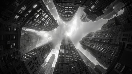 Dramatic fisheye view of urban cityscape with towering skyscrapers under a dynamic cloudy sky