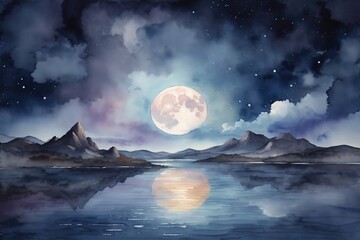 Watercolor Painting of a night scene with a lake, Moonlight Watercolor Landscape, Watercolor Night Painting, Crescent Moon Painting, full moon night view wallpaper, AI Generative