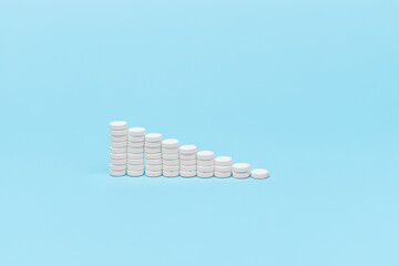 Tablets of white color, laid in columns, the height of which is successively reduced on a blue background.