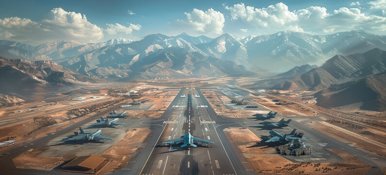A huge air force base with a variety of fighter jets, military vehicles, military camps, surrounded by mountains. Aerial high view. Generative AI.