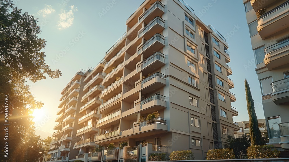 Leinwandbilder an exterior view of an apartment building in city. a residential block with balconies on the side an