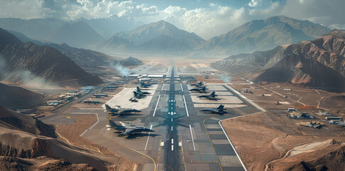 A huge air force base with a variety of fighter jets, military vehicles, military camps, surrounded by mountains. Aerial high view. Generative AI.