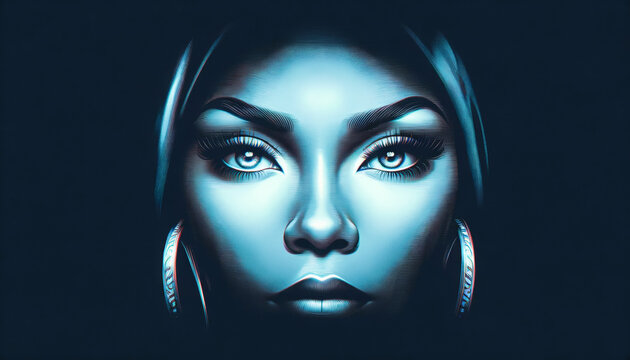 AI generated illustration of a a woman with blue skin and intense eyes against a dark backdrop
