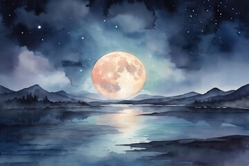 Watercolor Painting of a night scene with a lake, Moonlight Watercolor Landscape, Watercolor Night Painting, Crescent Moon Painting, full moon night view wallpaper, AI Generative