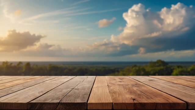 Empty wooden table with beautiful blur background, photorealistic