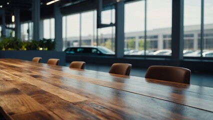 Empty wooden table with beautiful Showroom background, photorealistic