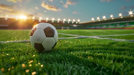 Obraz premium Sunset at the soccer field with a close-up on a football. Serene sports backdrop. Perfect for team sport and competition themes. Lush green turf in stadium. AI