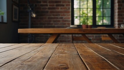 Empty wooden table top and blur bokeh wood room interior background in clean and bright, studio warm light	