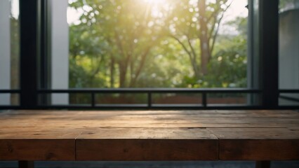 Empty wooden table with beautiful background, photorealistic
