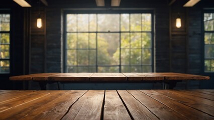 Empty wooden table top and blur bokeh wood room interior background in clean and bright, studio warm light	