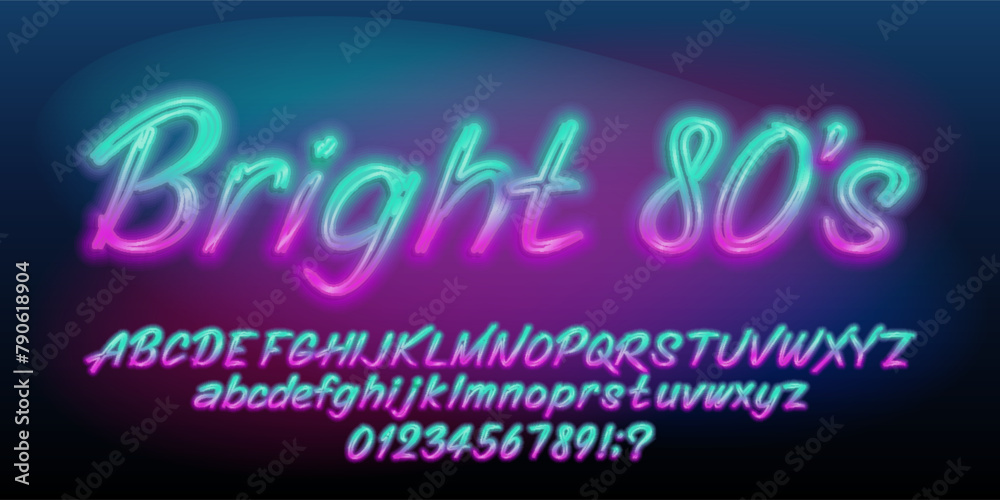 Poster bright 80s alphabet font. glowing neon script letters and numbers. uppercase and lowercase. stock ve