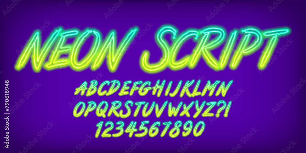 Poster neon script alphabet font. glowing neon script letters and numbers. stock vector typescript for your