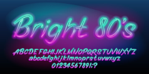 Bright 80s alphabet font. Glowing neon script letters and numbers. Uppercase and lowercase. Stock vector typescript for your design.