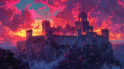 Fantasy castle in vibrant sunset hues, majestic architecture in isometric perspective - obrazy, fototapety, plakaty