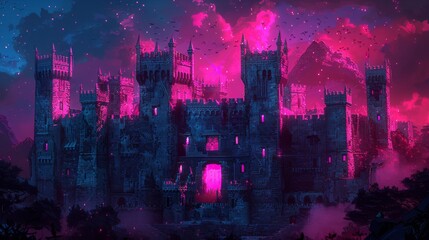 Fantasy castle in vibrant sunset hues, majestic architecture in isometric perspective