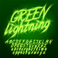 Green Lightning alphabet font. Bright neon letters and numbers. Stock vector typeface for your design.