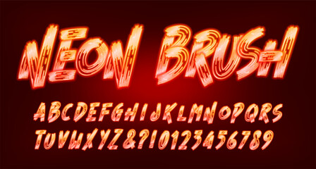 Neon Brush alphabet font. Glowing brush stroke letters and numbers. Stock vector typescript for your design.