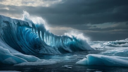 Icy Ocean Landscape with Glacial Iceberg Under Blue Sky - obrazy, fototapety, plakaty