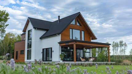 house in the Northeast, modern with wood houses, up close, high end, nice skies, ultra realistic full-length photo 4k 