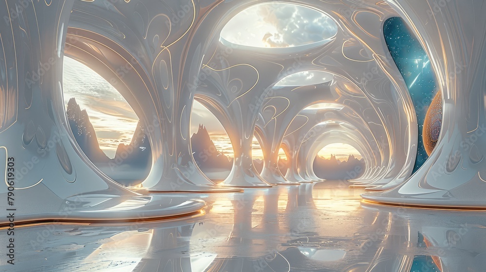Aufkleber The design style is simple and elegant and there are some three-dimensional science fiction buildings inside. Generative AI.