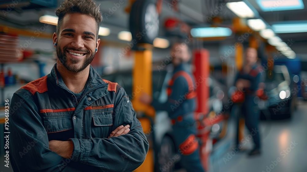 Aufkleber a team of car mechanics smiling as they stand in an auto garage. there are two cars on car lifts beh