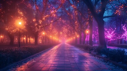 Enchanted night-time city park embellished with glowing Christmas lights and mist