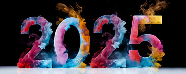 Bright numbers 2025. Happy New Year 2025 card, banner or poster. Large numbers made of colored smoke.