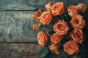A bouquet of orange roses against a rustic wooden background, symbolizing warmth and desire
