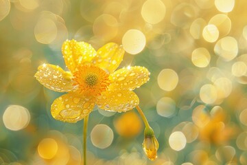 A close-up of a single buttercup, dew-covered petals gleaming in the first light of dawn
