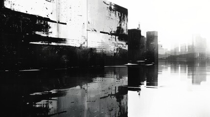 Mysterious abstract cityscape depicting a lone figure walking among blurred skyscrapers