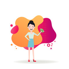 Asian business lady with money. Happy young woman holding green banknotes. Flat vector illustration. Finance, earning money, business concept for web design, banner or landing page