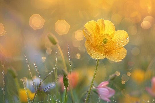 A close-up of a single buttercup, dew-covered petals gleaming in the first light of dawn