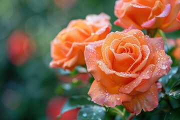 A close-up of vibrant orange roses, dew-kissed petals, nestled in a lush green garden. Soft morning light enhances their color, casting gentle shadows