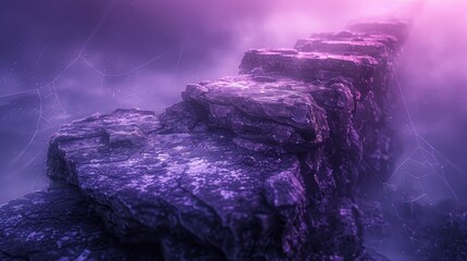 Mystical cliff edge illuminated by neon lights under a starry purple sky