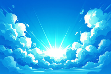 青空に浮かぶ雲と光輝く太陽の光の背景