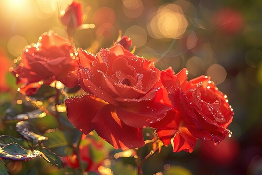 A close-up of vibrant red roses, dew-kissed petals, amidst a soft-focus garden at dawn