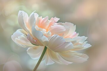 A close-up photograph of a single peony flower, showcasing its lush, full bloom, delicate petals in shades of pink and soft white, against a soft, blurred garden background