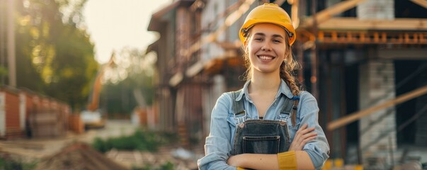 image of a happy young lady standing with her arms crossed at a building site while wearing a hard hat and overalls, - obrazy, fototapety, plakaty