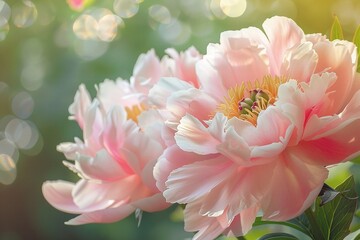 A close-up photograph of lush pink peonies, symbolizing prosperity and romance, illuminated by soft, natural sunlight in a serene garden