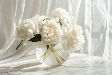 A close-up portrait of white peonies arranged in a sleek, minimalist glass vase on a marble surface. The elegant setup is in a modern, sunlit room with sheer white curtains blowing gently
