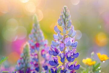 A close-up shot of lupines with a background of assorted wildflowers. The focus is on the lupine's detailed texture and color gradient from base to tip, set against a bokeh of wildflowers