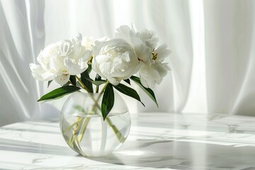 A close-up portrait of white peonies arranged in a sleek, minimalist glass vase on a marble surface