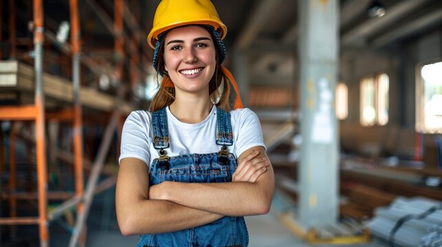 image of a happy young lady standing with her arms crossed at a building site while wearing a hard hat and overalls,