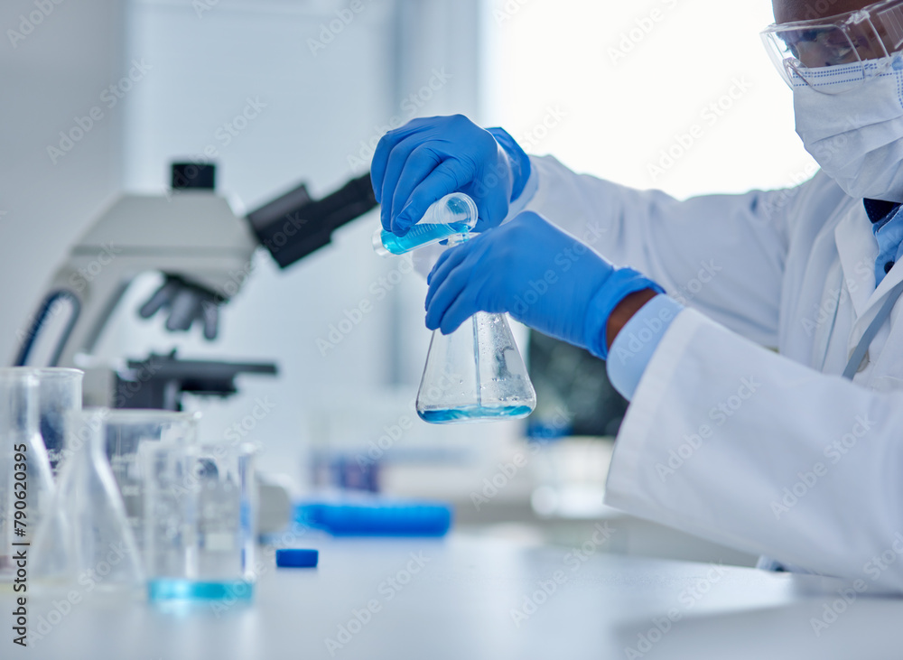 Poster black person, scientist and liquid in beaker for testing, chemical fluid and vaccine in container. p
